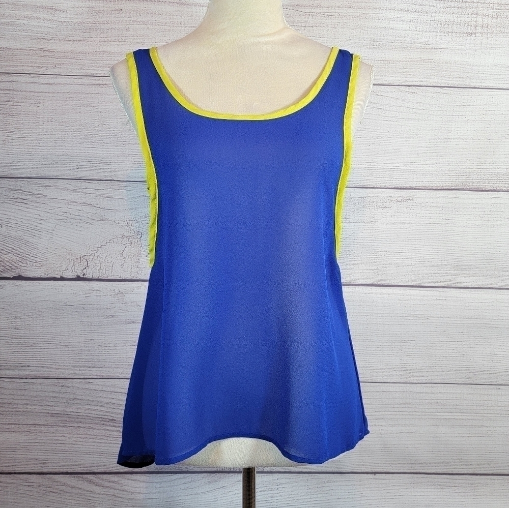MARGO & Sebastian Contrast Hi-Low Sheer Tank Blue Neon Yellow Size Small